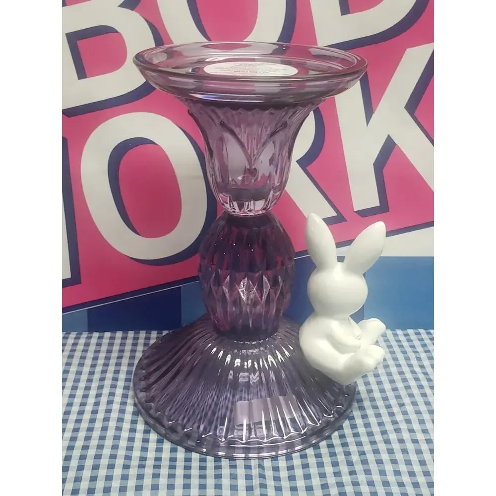 BBW Purple Faceted Glass with Bunny Pedestal Single Wick Candle Holder Decor - Picture 3 of 3